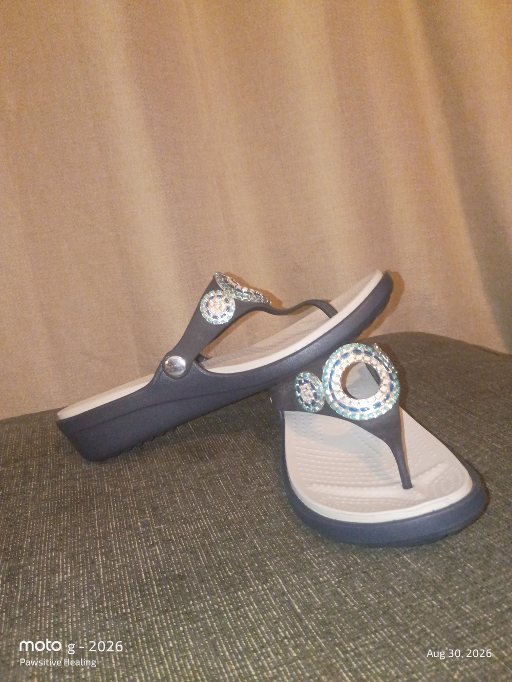 CROCS Navy Jeweled Thong Sandals with Iridescent Accents